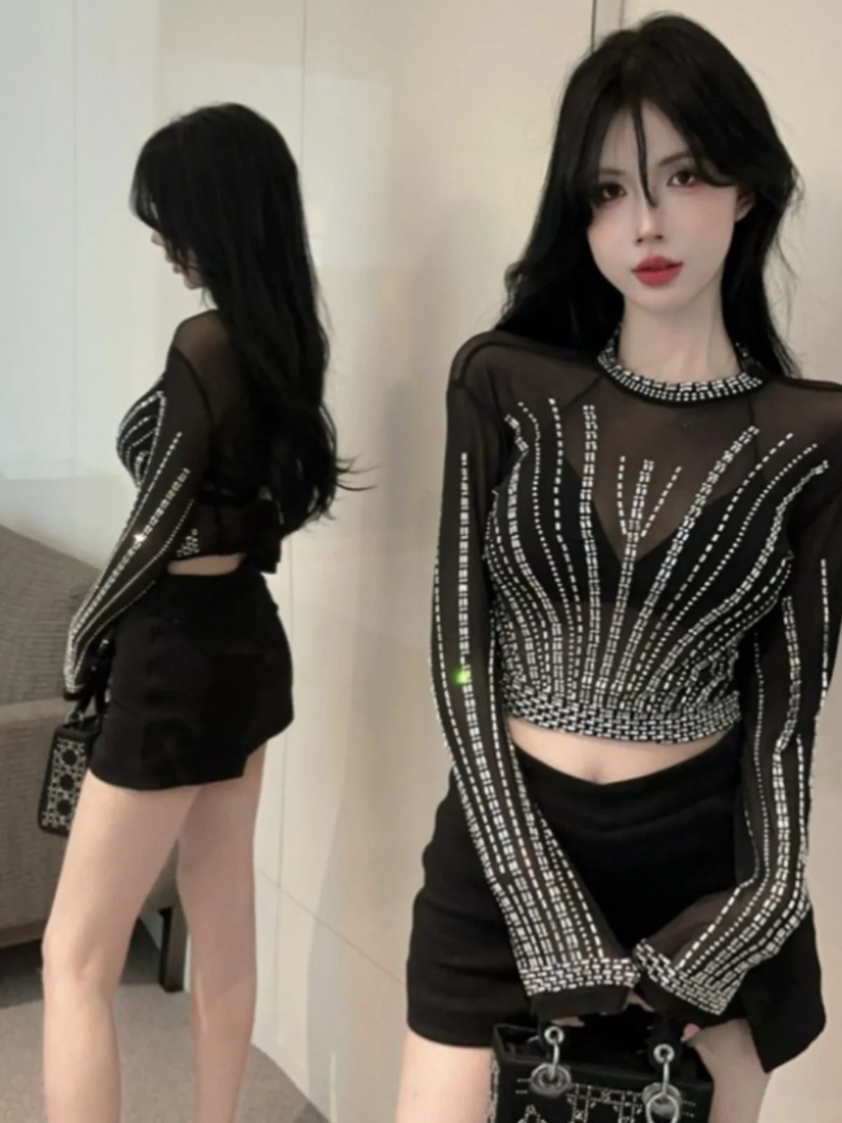 Sweet Luxury Heavy Drill Slim Fit Long Sleeve Sun Protection T-Shirt Upper Body Trendy Commute Style Diamond Embellished Mesh