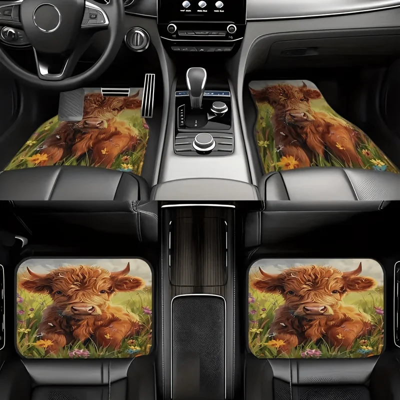 4pcs Car Floor Mat Set, Creative Pattern - 2D - Cute Highland Cow With Colorful Floral Pattern, Suitable For All Car Models, Mad