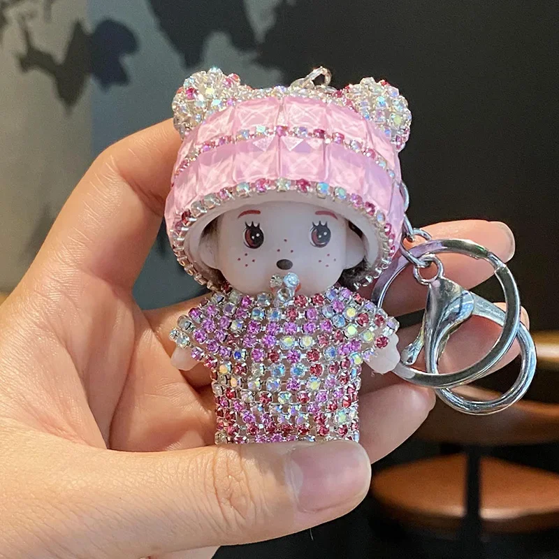 Chaveiro de boneca Monchi criativo incrustado de diamantes Kawaii, pingente de bolsa de menina, chaveiro de carro, presentes de feriado para crianças