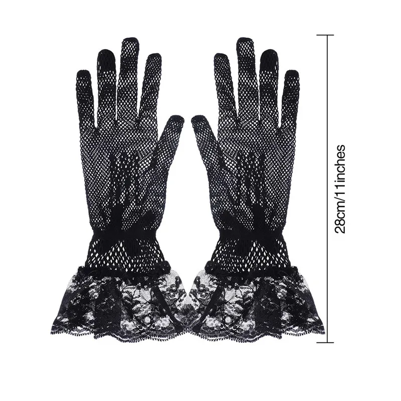 1 Pair Elegant Ladies Short Lace Gloves New Sheer Fishnet Mesh Black White Prom Party Female's Fashion Solid White Mittens image 6