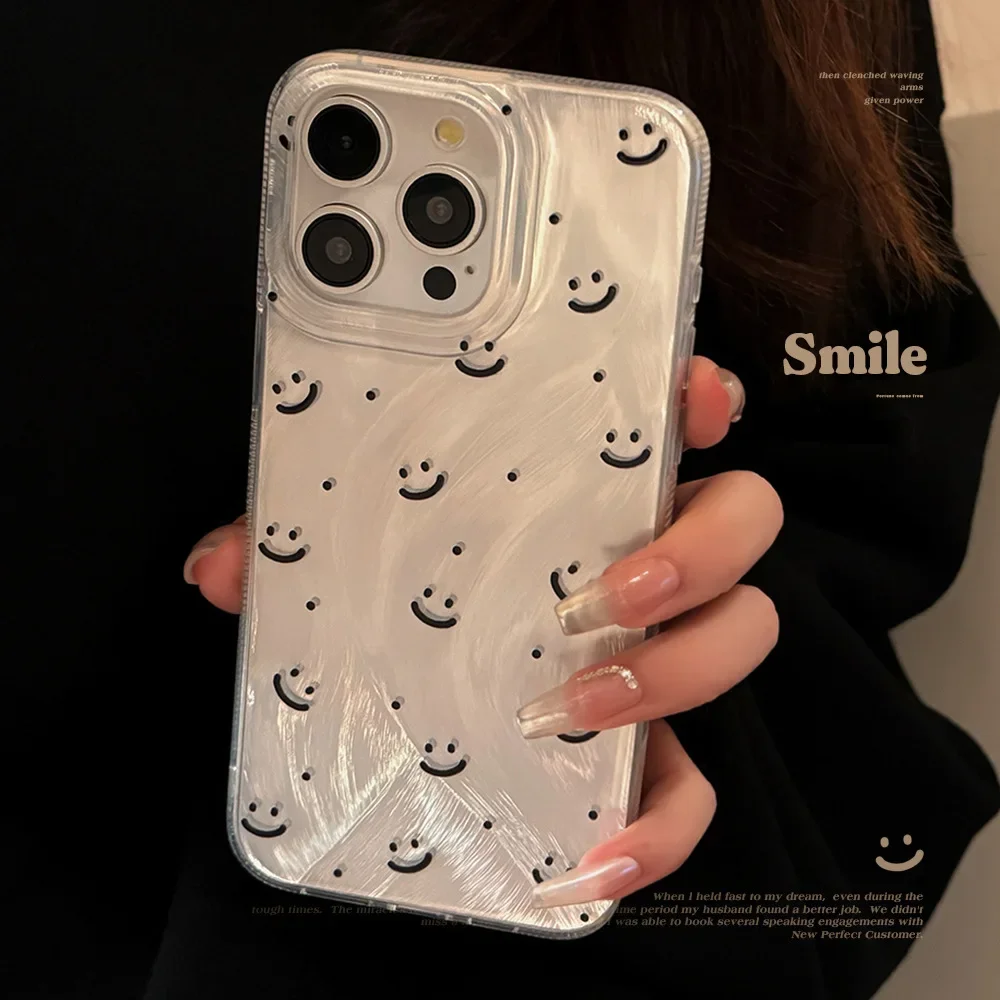 Minimalist Style Feathered Glitter Happy Face Phone Case for IPhone16 15 14 12 13 11 Pro ProMax Plus X XR Shockproof Phone Cover