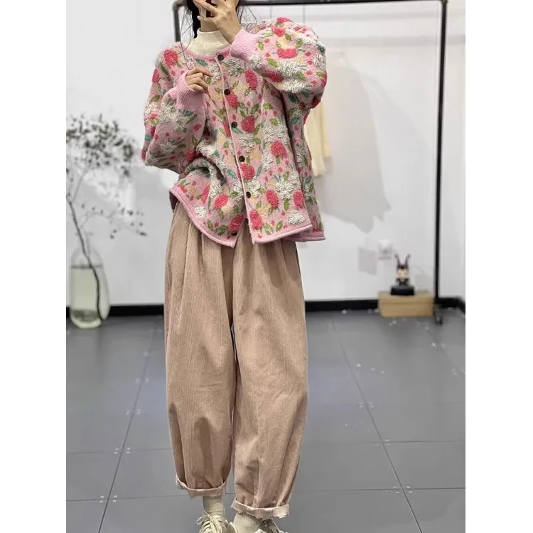 Runde Ne Gestrickte Pullover Mantel Casual Lose Sle mit Blumenmuster für Frauen Herbst Winter Neue Ankunft Ele Abnehmen