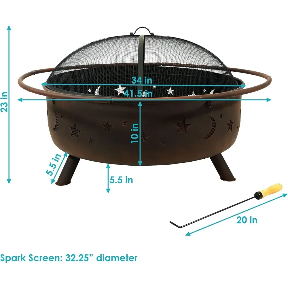 42-Inch Wood-Burning Steel Fire Pit with Round Spark Screen, Poker, and Built-in Grate - Rust Patina