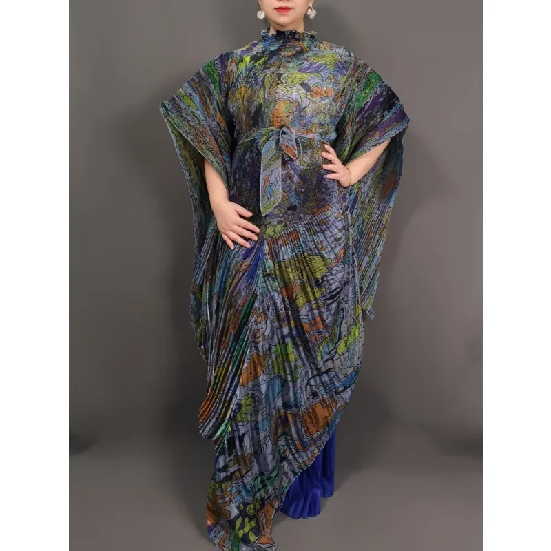 Nouveau Miyake grande taille Stretch femmes ensemble à manches longues chauve-souris cape robe droite jambe large pantalon 2 pièces Simple décontracté africain bal