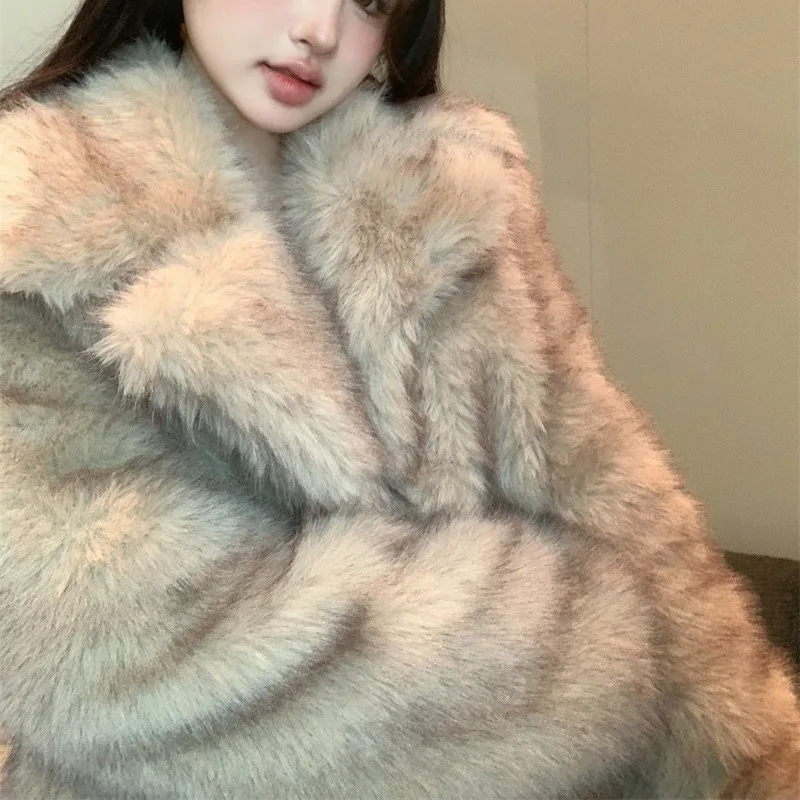 Eco-friendly Fur Coat Women's Winter Large Lapel Short Socialite Elegant Faux Fox Hair Dyed Pointed Hairy Top