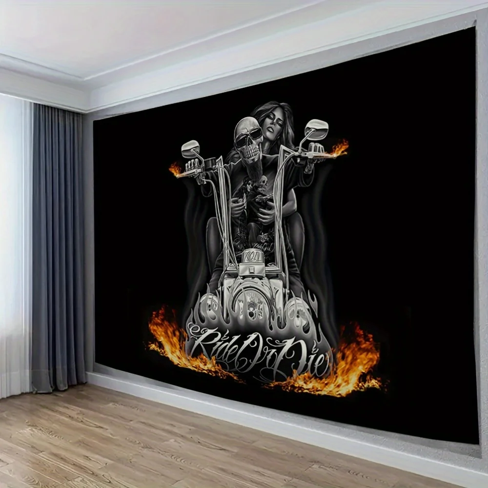 Skull Motorcycle Tapestry, Biker Couple with Flames and Ride or Die Text, Gothic Rock Wall Hanging for Man Cave Bedroom Decor
