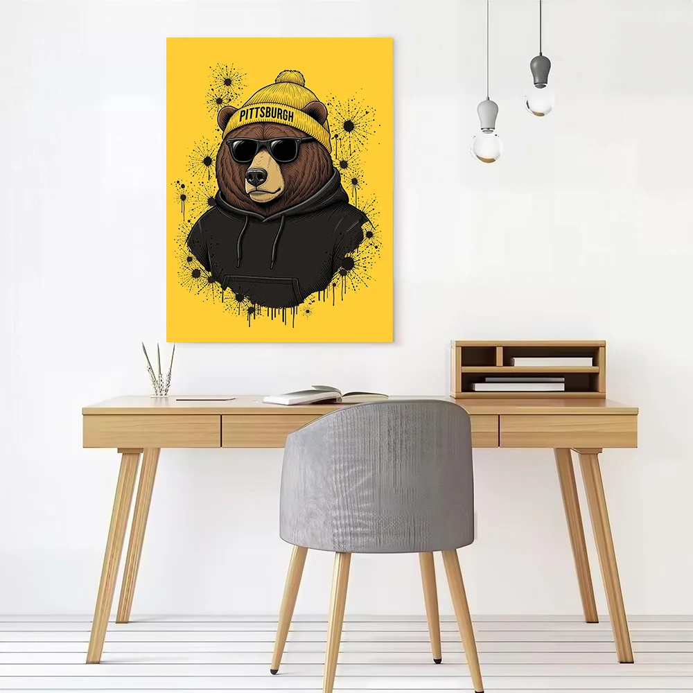 Cool Bear Wearing Pittsburgh Beanie Printed Canvas Wall Art Customizable Paintings Poster Perfect Gift for Room Ornaments Mural