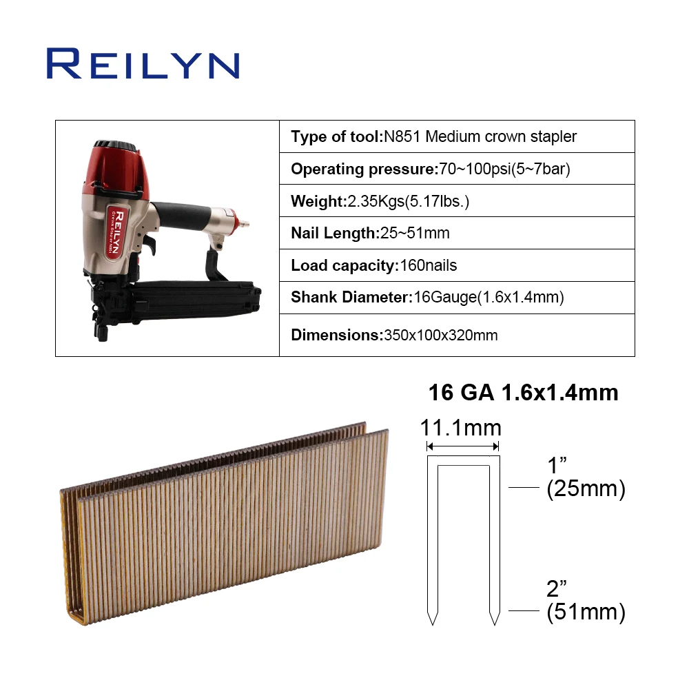 REILYN Pneumatic Stapler N851 16Ga Lightweight Air Brad Nailer for Wall Decorating Roofing Woodworking Tool