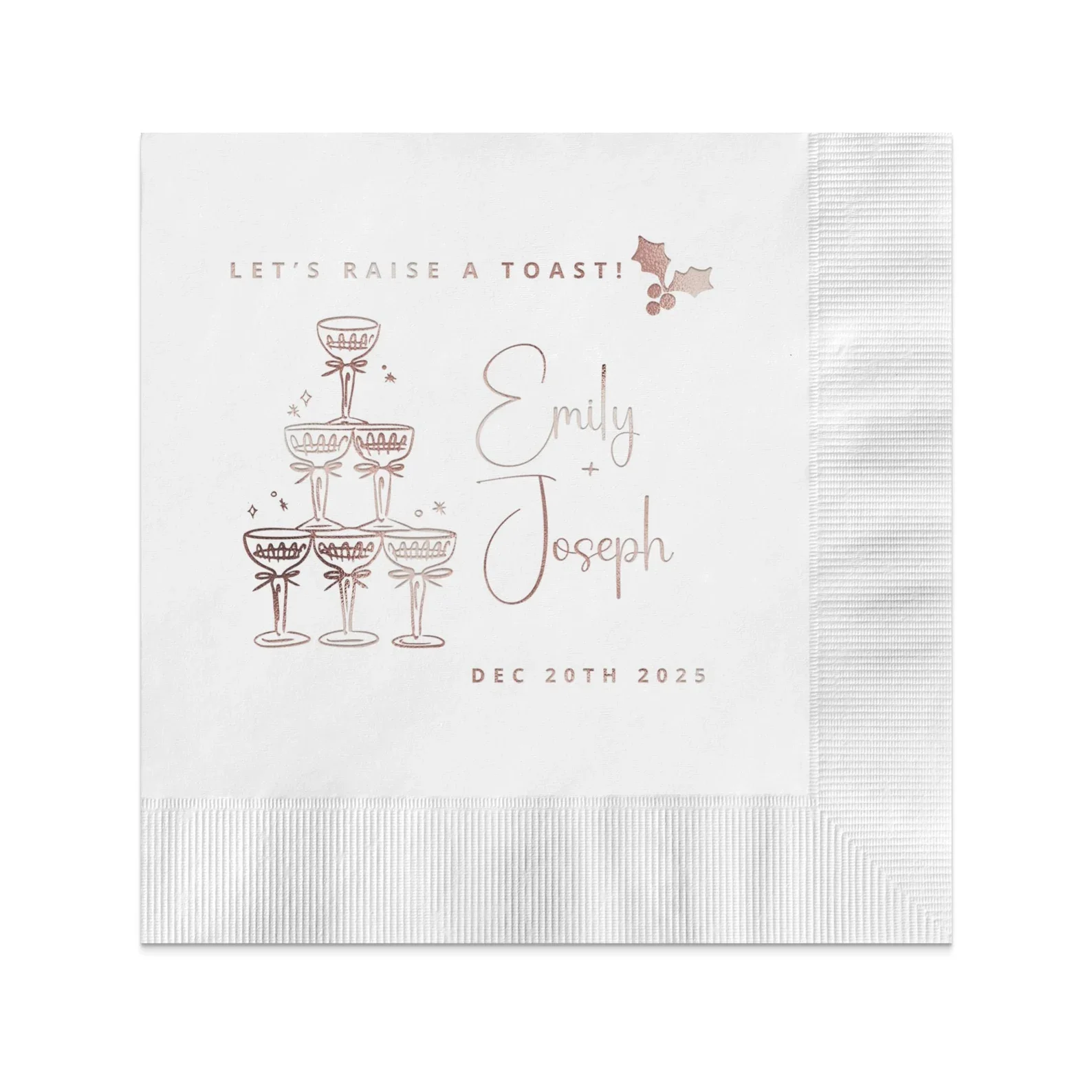 50pcs Personalized Holiday Wedding Cocktail Foil Napkins, Christmas Rehearsal Dinner Foil Cocktail Napkins, Christmas Bridal Bev