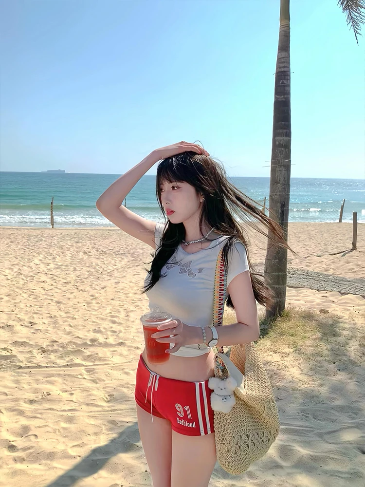 Cseta de Manga Corta con Encaje Dulce y Picante Estilo Americano para Mujer, Top Corto Ajustado con Lazo de Mariposa y Dis...