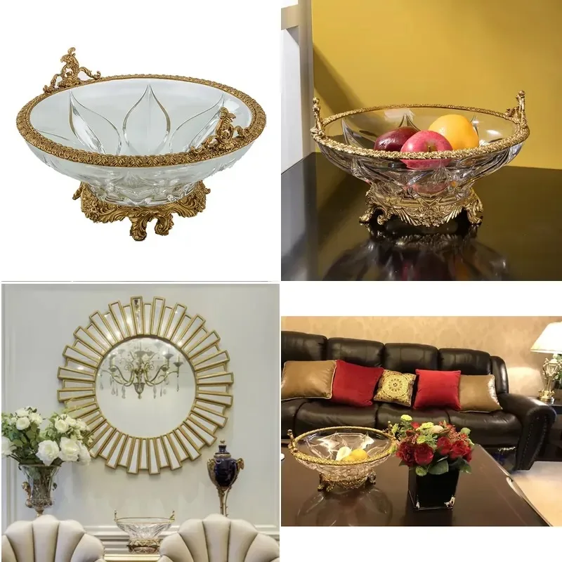 Luxury Brass Crystal Large Fruit Plate Home Hotel Table Decoration Accessories New Design