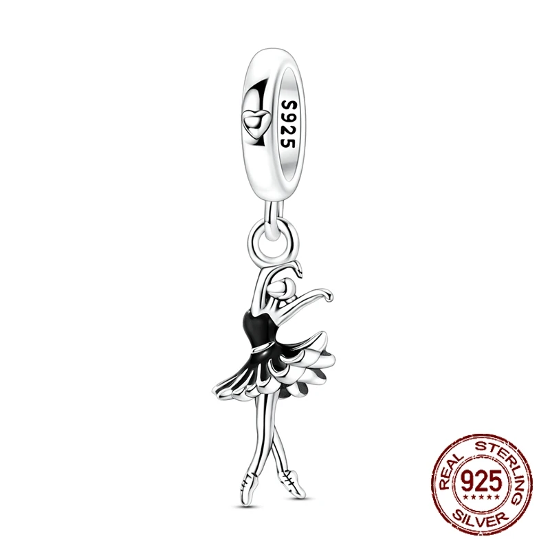 

925 Sterling Silver Graceful Black Swan Ballerina Charm Pendant Fit Original Charm Bracelet Women DIY Jewelry Gift