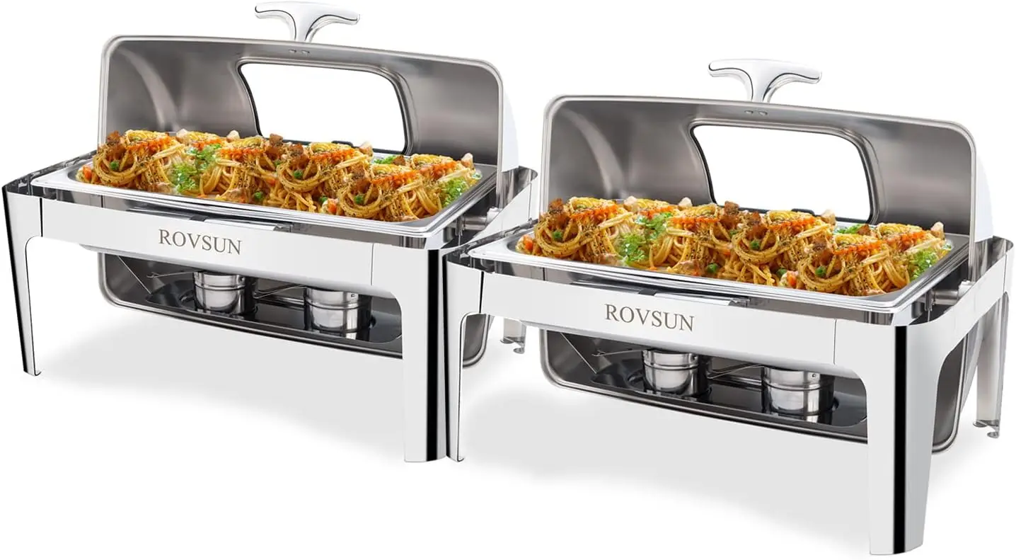 

ROVSUN 2 Pack Roll Top Chafing Dish Buffet Set, 9 Quart NSF Rectangular Stainless Steel Chafer for Catering,Buffet Servers