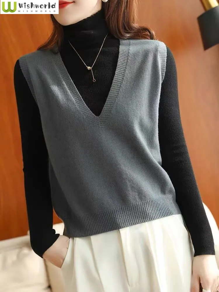 Spring and Autumn New Tank Top for Women Wearing Loose and Slim Knitted V-neck Short Versatile Casual Sweater Tank Top