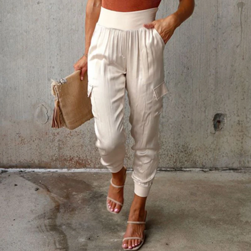 Primavera autunno moda pantaloni in raso di seta Office Lady eleganti pantaloni Cargo solidi Casual donna tasca pantaloni elastici a vita Street