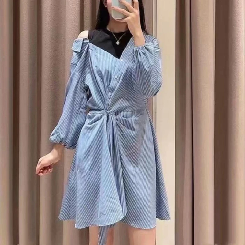 

dresses woman summer 2021 blue stripes patchwork waist elegant long sleeve casual dress French brand Elegant dresses for women