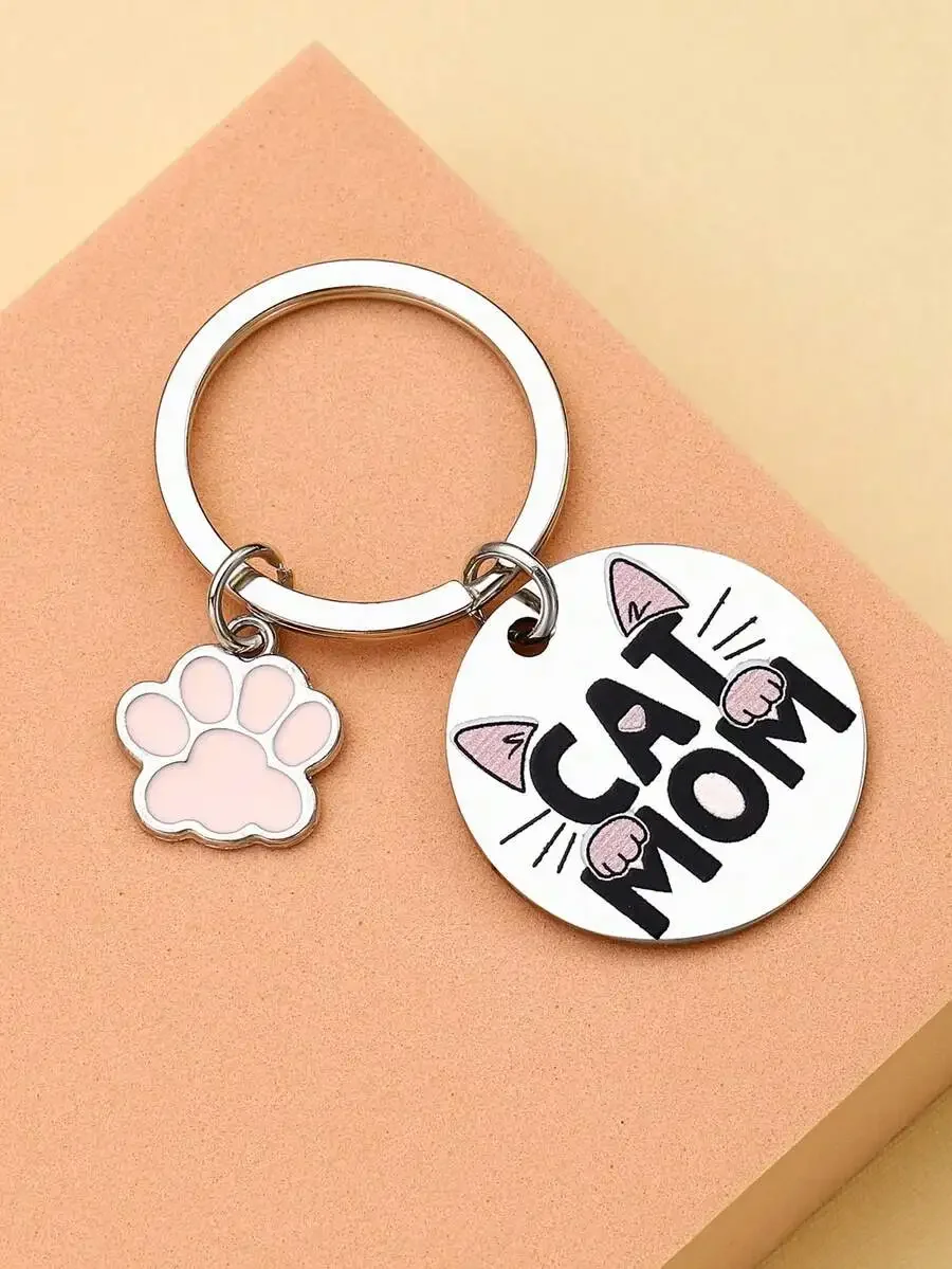 Cat Mom Keychain with Paw Charm Gift