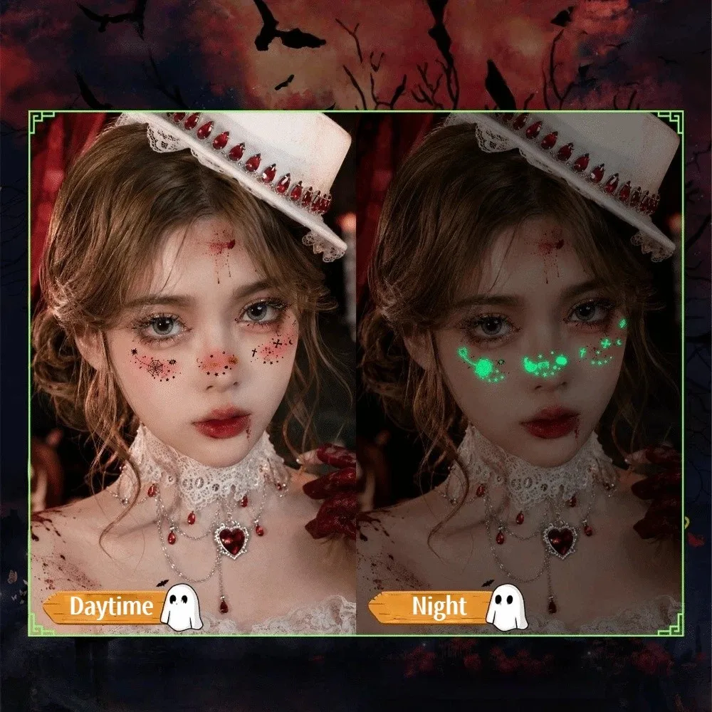 6 Sheets Waterproof Fluorescence Halloween Makeup Stickers Body Art Cartoon Bloodstain Blush Stickers Long Lasting Disposable