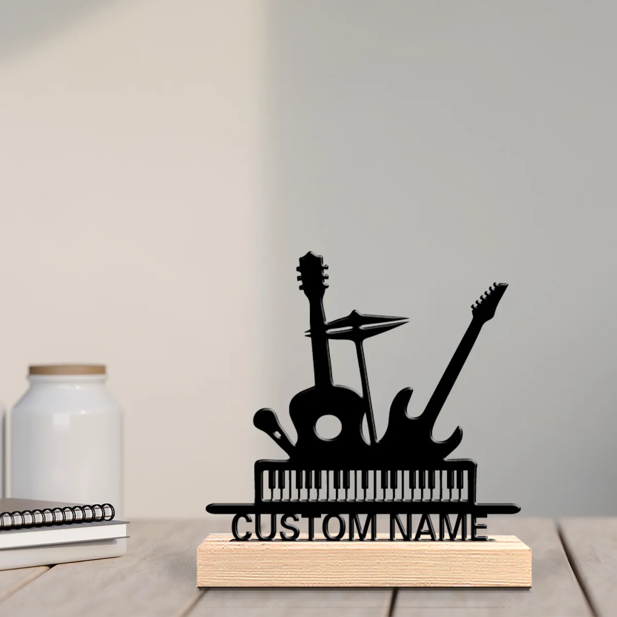 1pc Simple guitar Custom Letter Metal Statue Iron Ornament Handicraft With Wood Base Metal Ornament For Bedroom Desk Decor