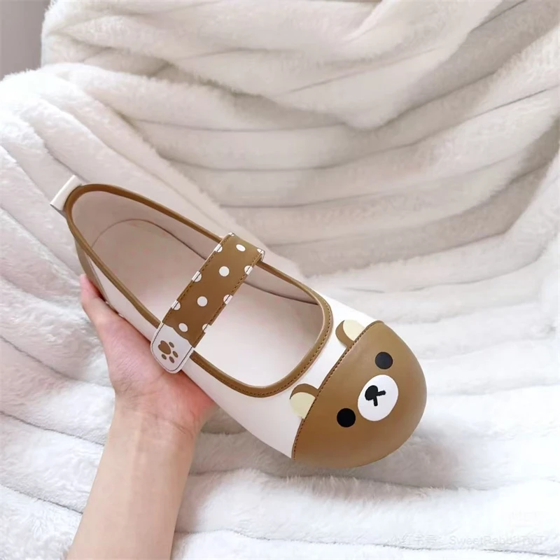 2025 Spring Collection Rilakkuma Girls Shoes Cute Strap Leather Flats Adorable Cartoon Design Versatile Fashionable