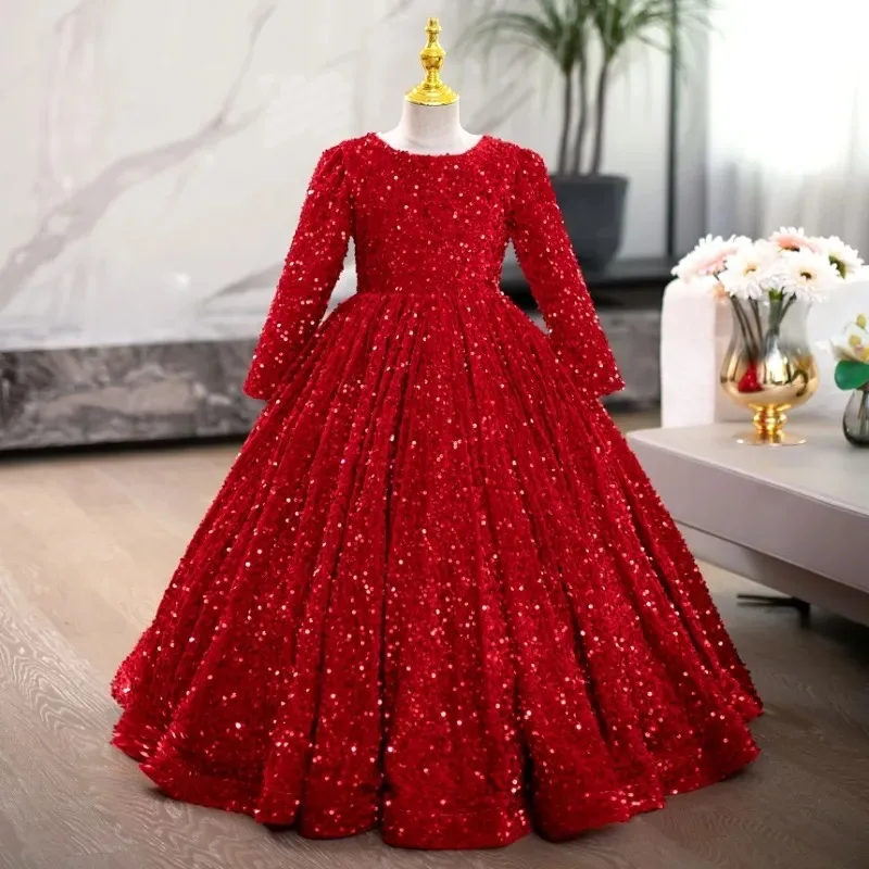Shining Flower Girl Dresses for Wedding Sequins Full Length Floor Length Girl Kids Birthday Party First Holy Communion Gown