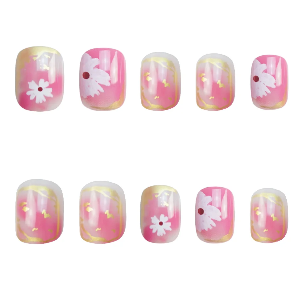 24P Pink Purple Daisy Design Fake Nails Halo Gold Powder Press on Nail Art Artificial Acrylic Full Coverage Removable False Nail