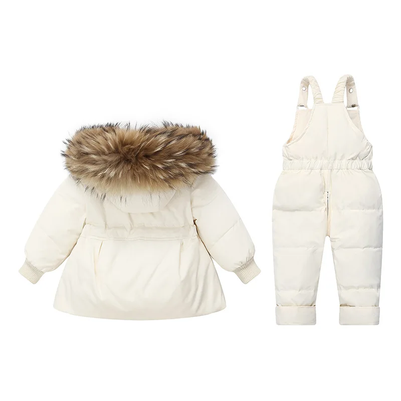 Children\'s Down Jacket Fur Collar Hooded Set Girls Down 2 Piece Set Boys\' Winter Solid Warm White Duck Down Filling Clothes Set