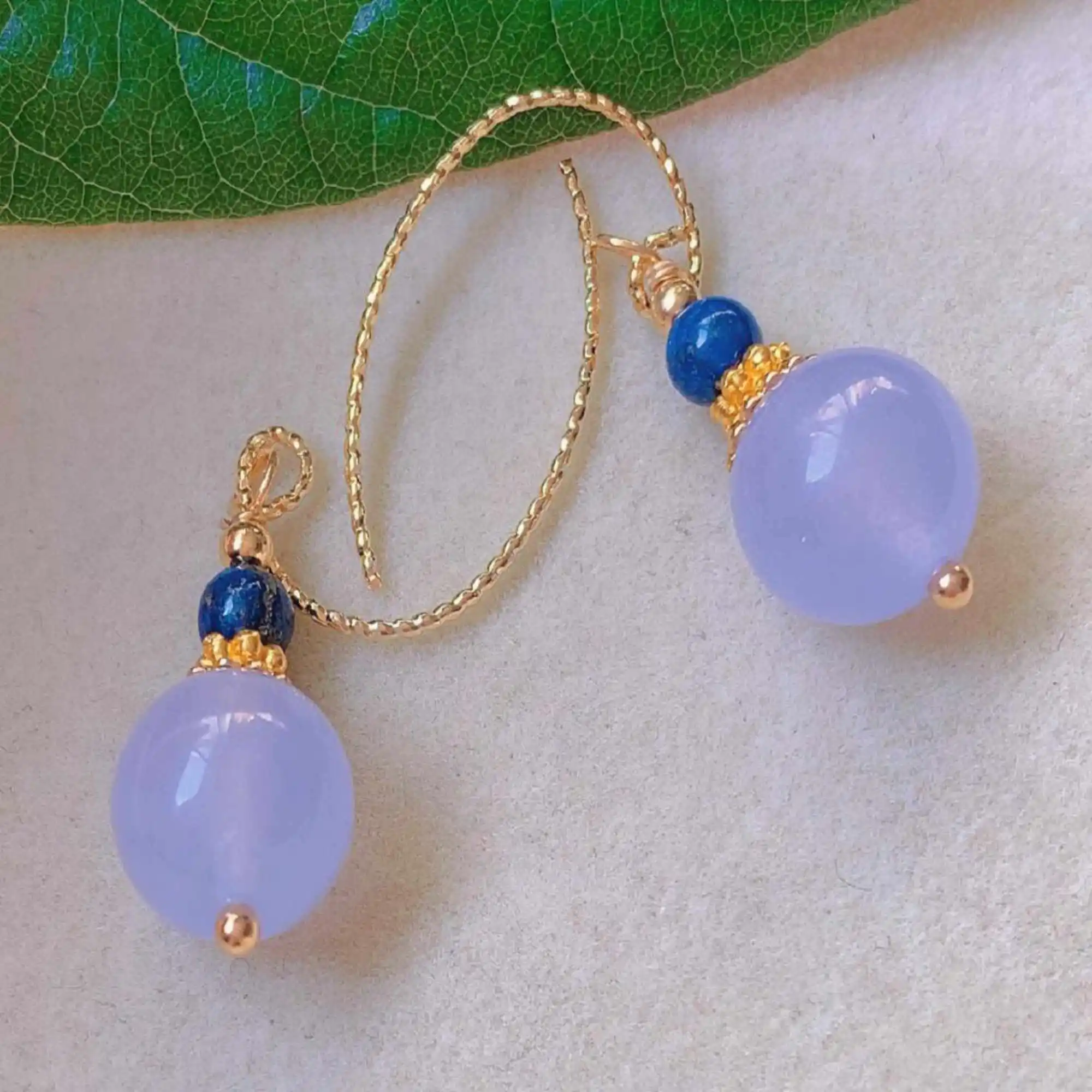 

Fashion purple round chalcedony lapis lazuli bead gold earrings Easter New Year Hook FOOL'S DAY Freshwater Accessories Women
