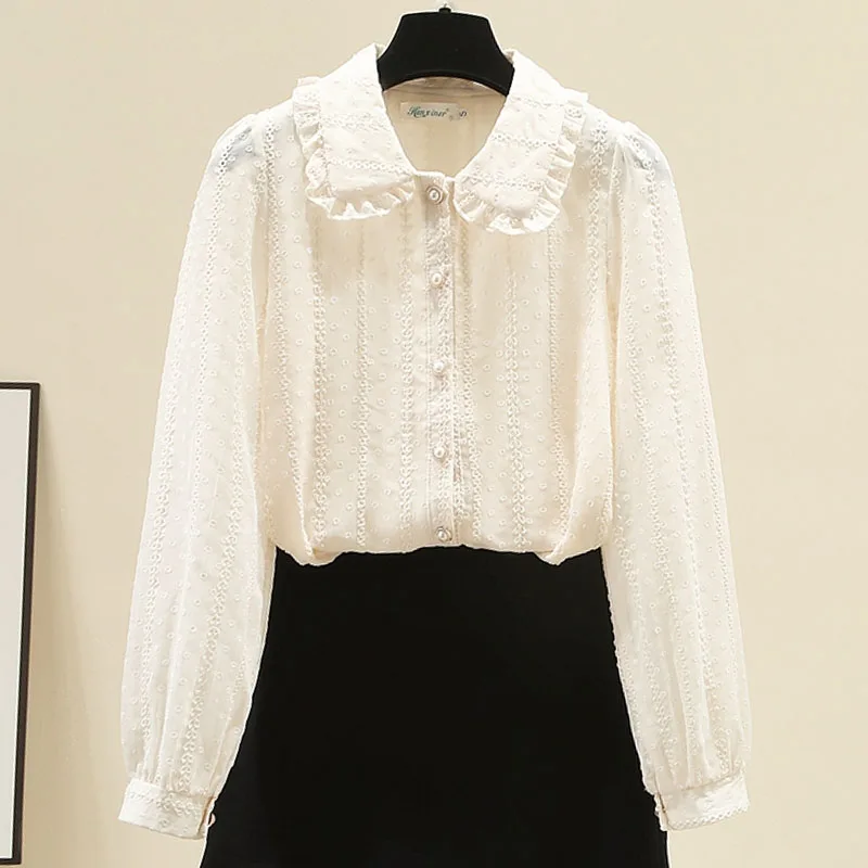 

Женская рубашка-блузка, новая однотонная шифоновая рубашка с длинным рукавом и кукольным воротником, блузка, женские топы, блузки, рубашки Blusas Para Mujer 2025 Q638