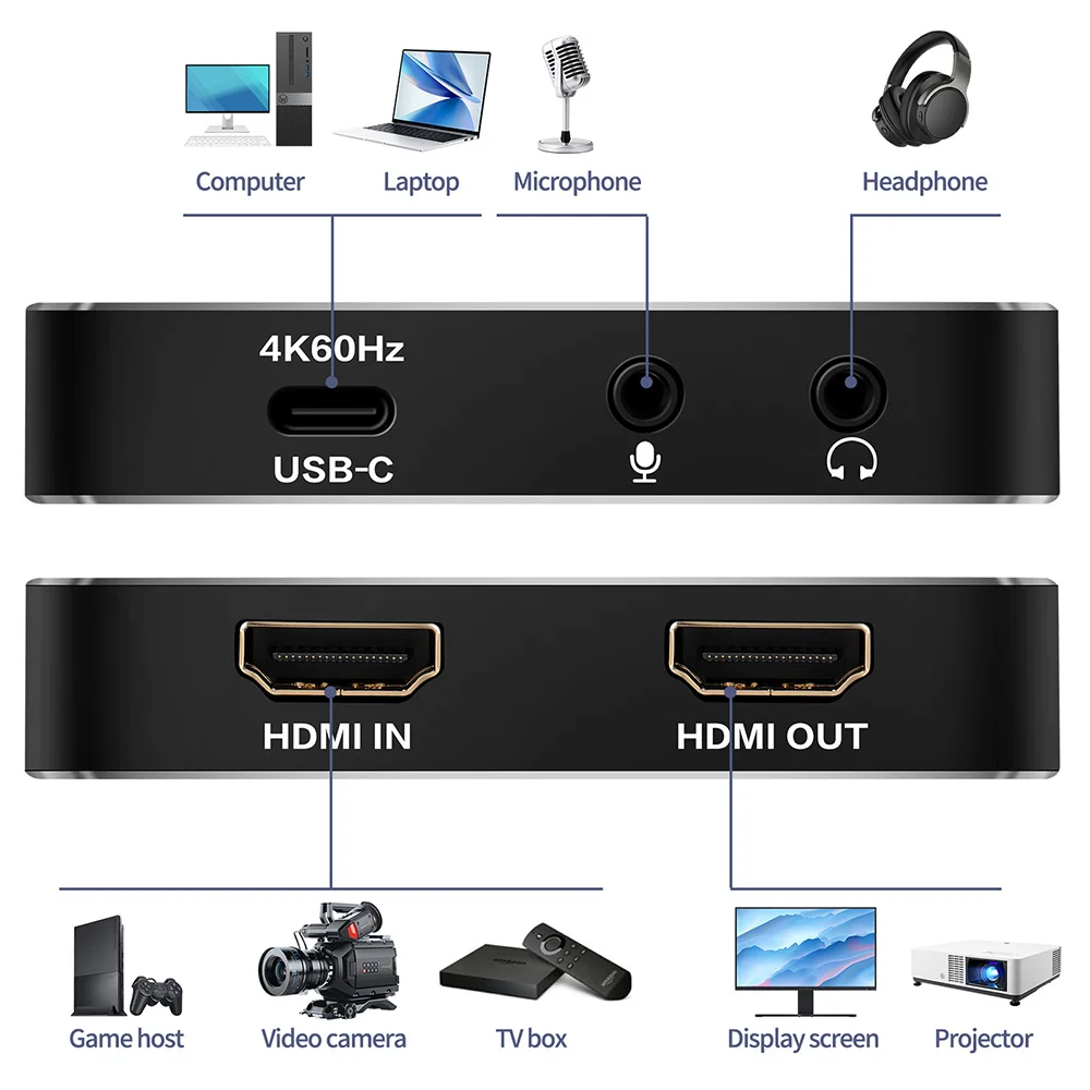 بطاقة التقاط الفيديو المتوافقة مع 4K HDMI USB 3.2 4K60hz التوصيل والتشغيل الكمون المنخفض 4Kp60 المدخلات/الإخراج تسجيل البث الملون