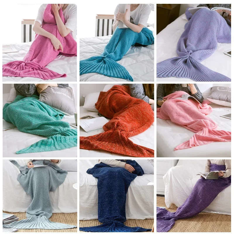 Hot Mermaid Tail Blanket Yarn Knitted Handmade Crochet Mermaid Blanket Soft Super Kids Adults Throw Bed Wrap Bedding 3 Sizes