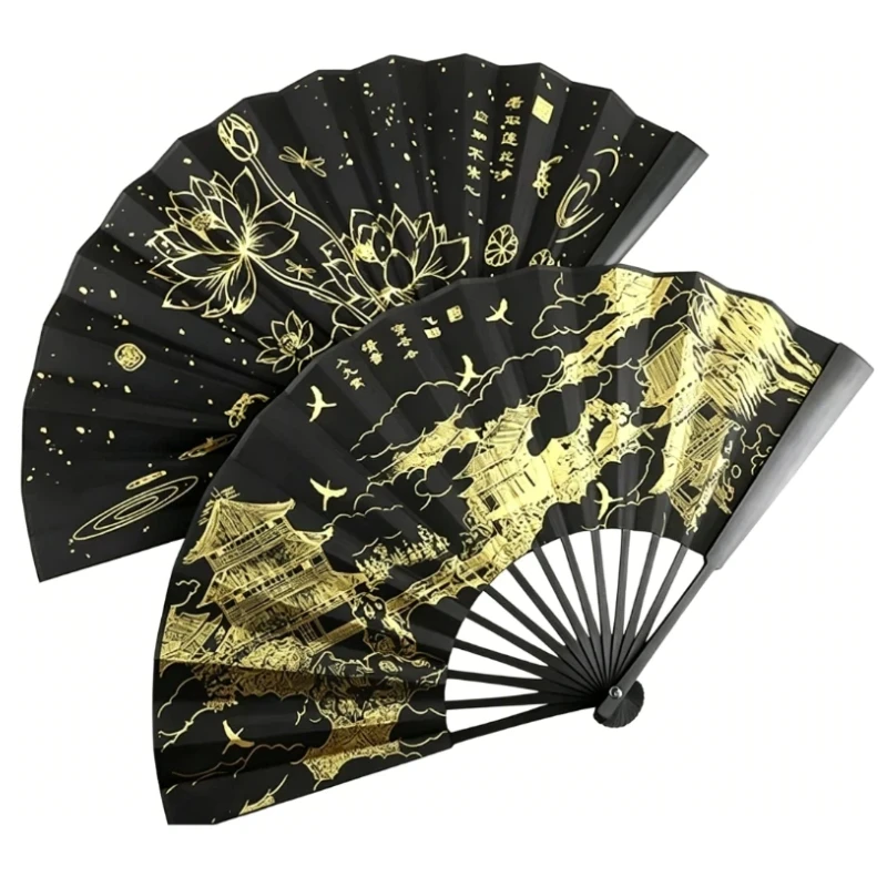 

New Black Silk Hot Stamping Fan Chinese Style Horse Face Skirt Hanfu Men's and Women's Fan Summer Portable Fairy Dance Fan Cool