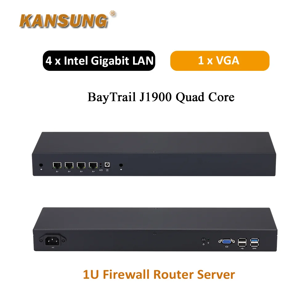 KANSUNG 1U rak terpasang Server 4 LAN Intel J1900 jaringan Barebone Virtual x86 Firewall Router Mini PC kompak kantor PC rumah