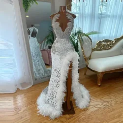 White Prom Dresses Black Girls Feathers Rhinestones High Split Birthday Party African Evening Gowns for Wedding Customized