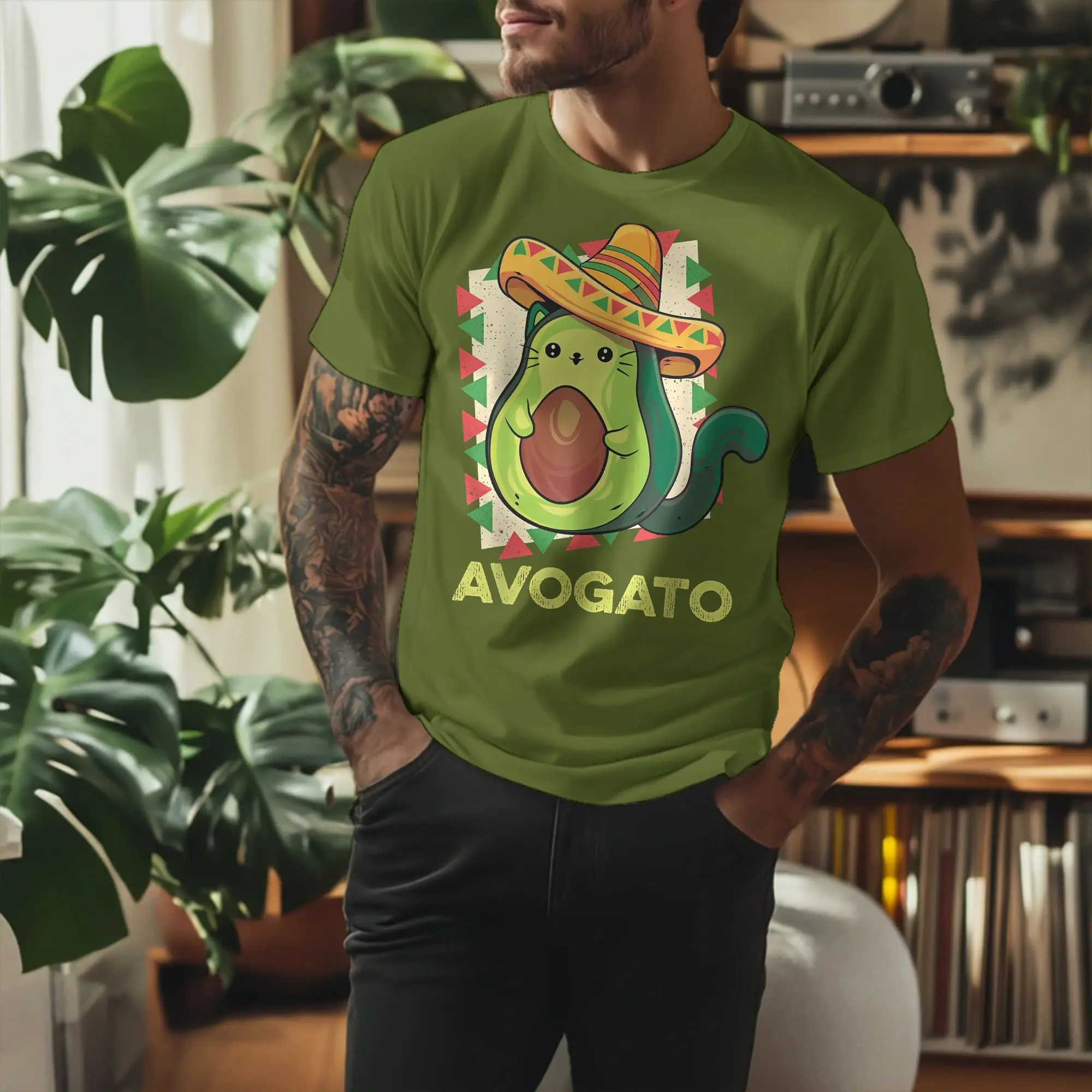 Avogato Mexican Cat Avocado Cinco De Mayo Meow Mexico T-Shirt Men's Cotton Tops Casual  O-neck Short Sleeve