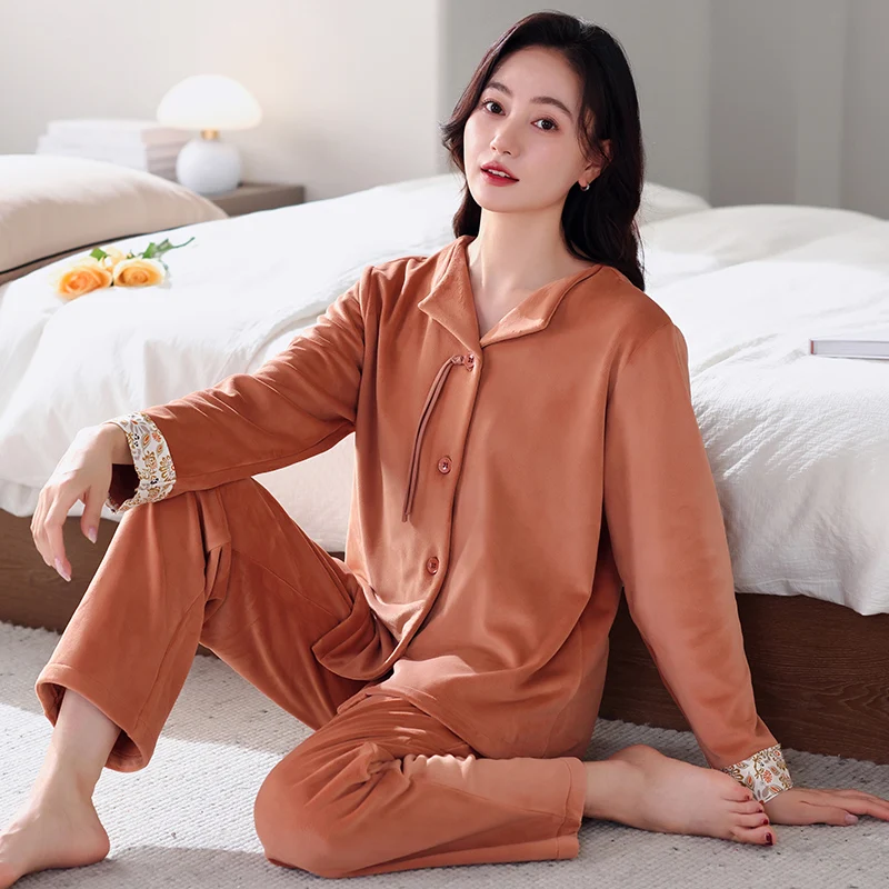 Big Size M-3XL Winter Women Pajama Set Warm Flannel Sleepwear Female Turn-down Collar Long Sleeve Nightwear