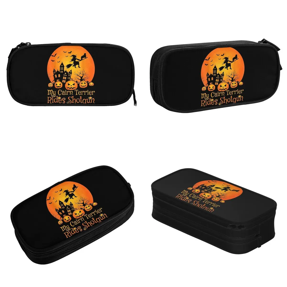 Cairn Terrier Rides Witch Pumpkin Halloween Pencil Cases Creative Pen Box Bags Girl Boy Large Office Cosmetic Pencil Pouch