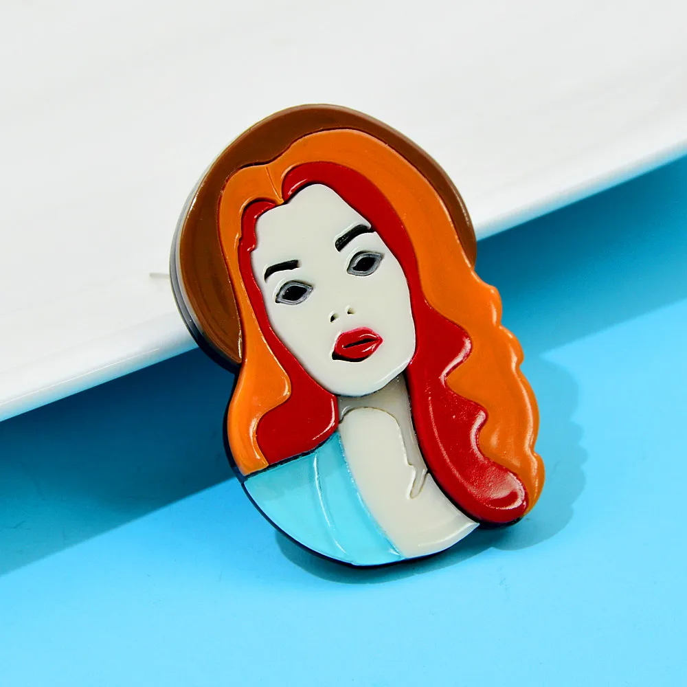 CINDY XIANG Acrylic Beautiful Girl Portrait Brooch Red Hair Wear Hat Pin Aceteate Fiber Jewelry New Design 2022