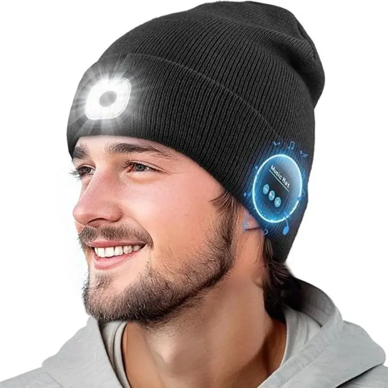 

Вязаная шапка с наушниками Bluetooth и светодиодной подсветкой, подходит для ночного бега и рыбалки, удобная и теплая.