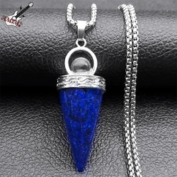 Witch Ball Conical Blue Lapis Lazuli Stone Pendant Necklace Women Men Stainless Steel Wicca Pagan Chain Jewelry colier NZZZ372-1