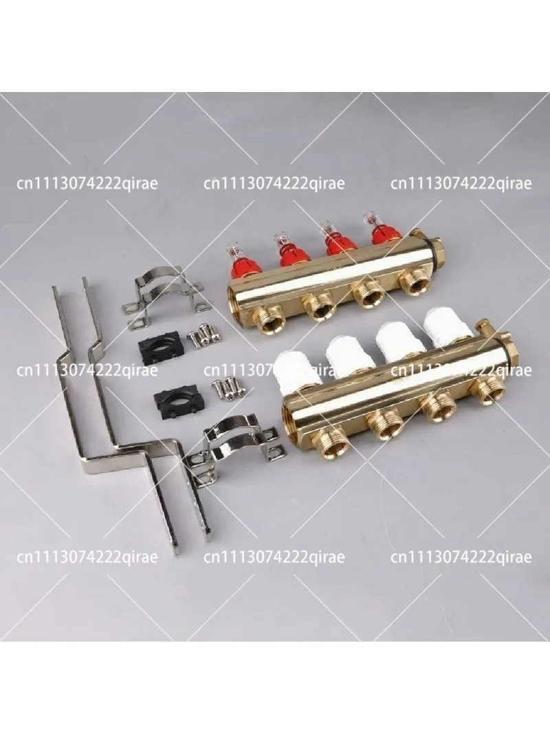 Brass profile floor heating manifold with visual float flow meter and adjustable temperature control