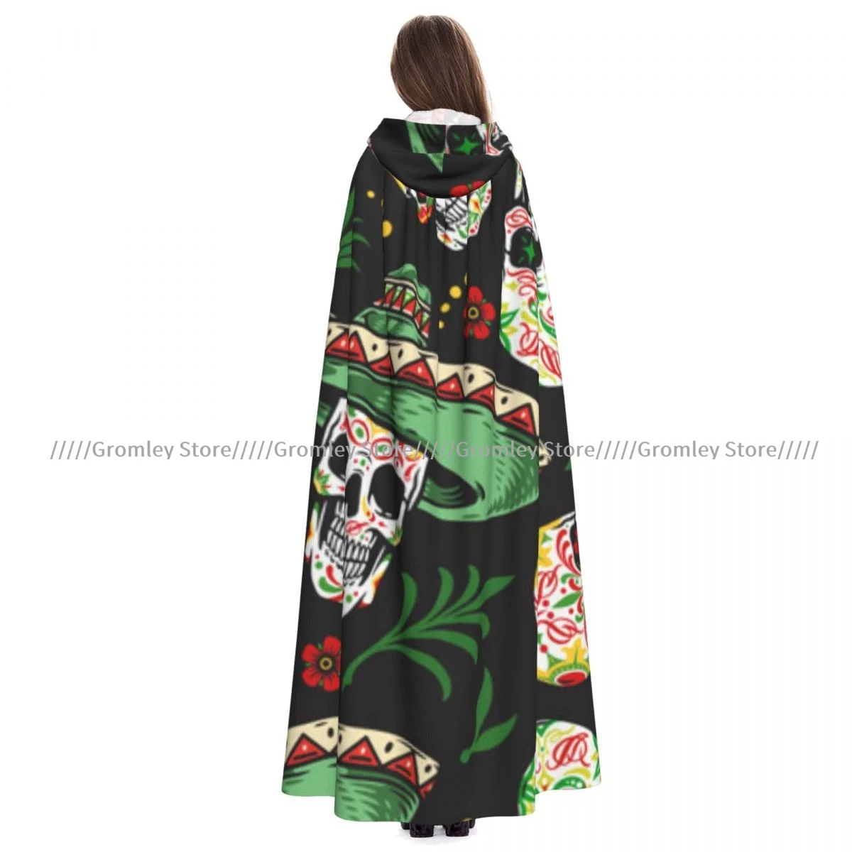 Witch Long Hooded Robe Colorful Sugar Skulls Halloween Cloak Cosplay Costumes for Adult