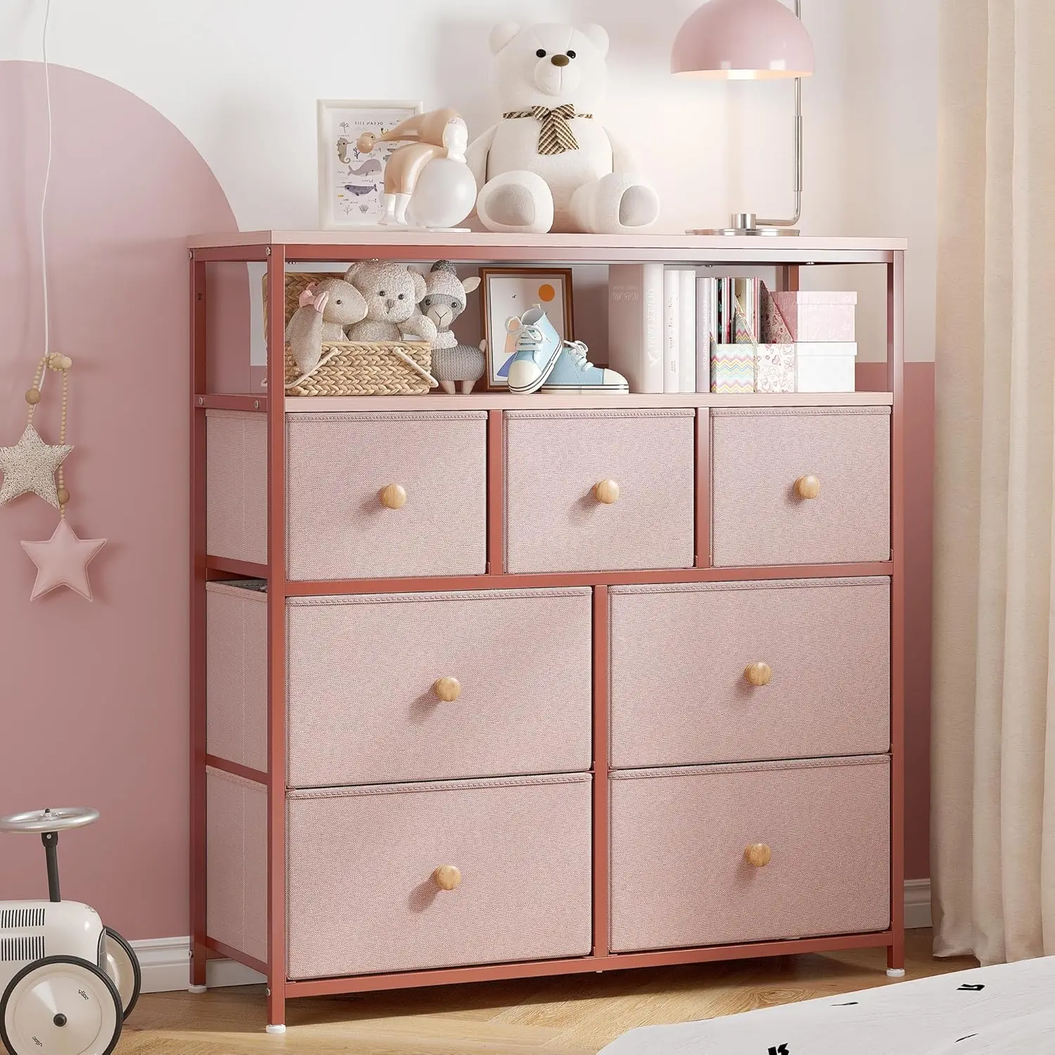 Pink Dresser, Dresser for Bedroom with 7 Drawers and Open Shelves, Chests of Drawers & Fabric Dresser for Bedroom