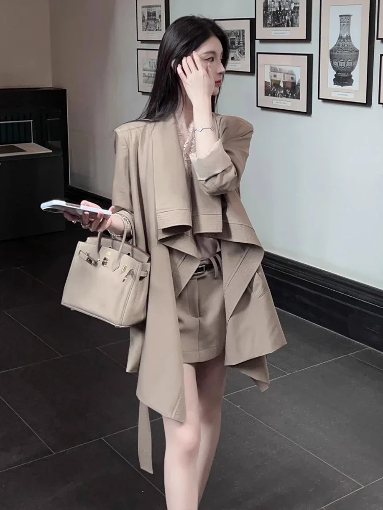 Trench for Women Retro Khaki Lapel Loose Mid-length Temperament Bandage Classic Popular Autumn Outerwear Streetwear Elegant Chic