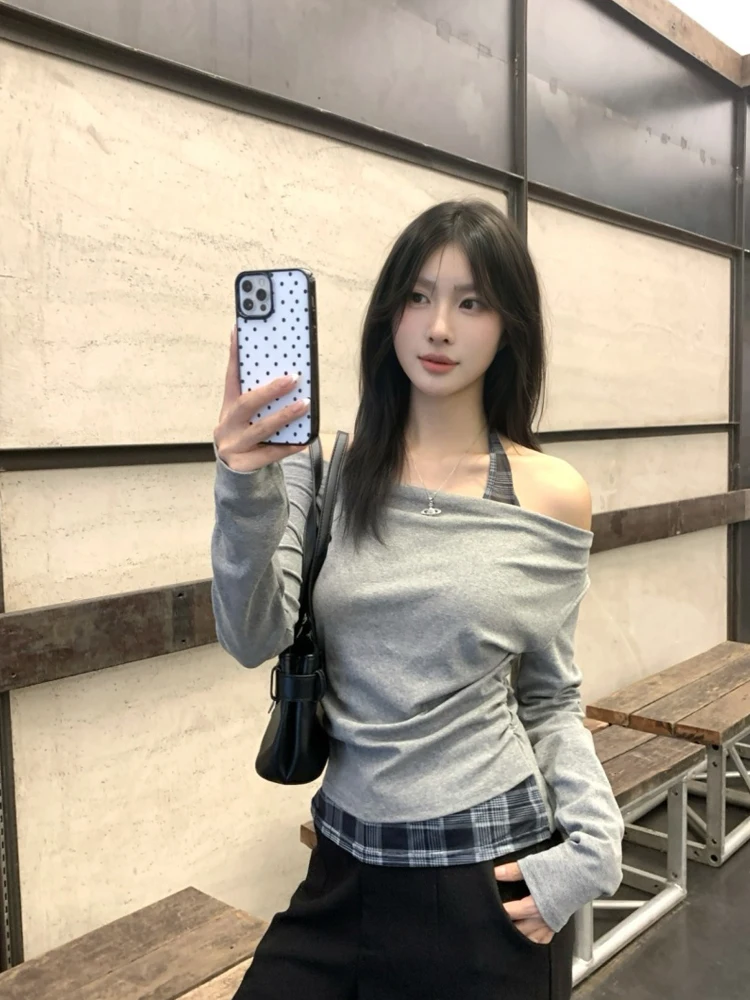 スリムフィットチェック柄パッチワーク吊りネックTシャツ女性用ロングスリーブベースシャツセクシーガールスリーブフェイクツーピース秋新作