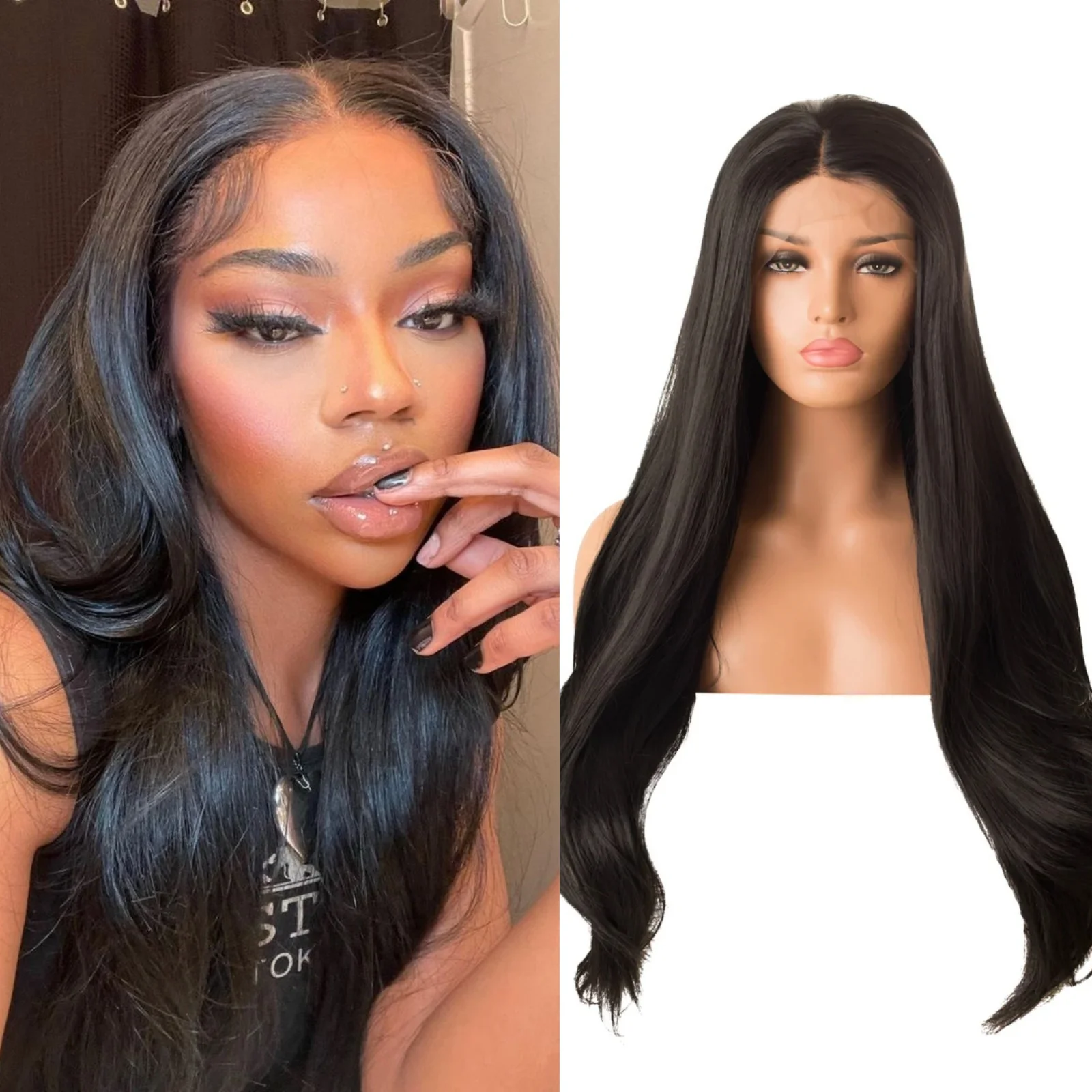 Long Wavy Hair Synthetic Wig Natural Straight Wave Layered Middle Part Heat Resistant Fiber 13X4 Lace Front Wigs for Women