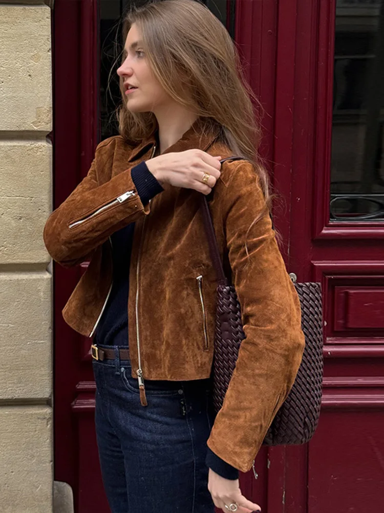 

Винтажная женская замшевая короткая куртка на молнии с длинными рукавами и карманами с лацканами, коричневое тонкое пальто, осень 202, женская универсальная верхняя одежда