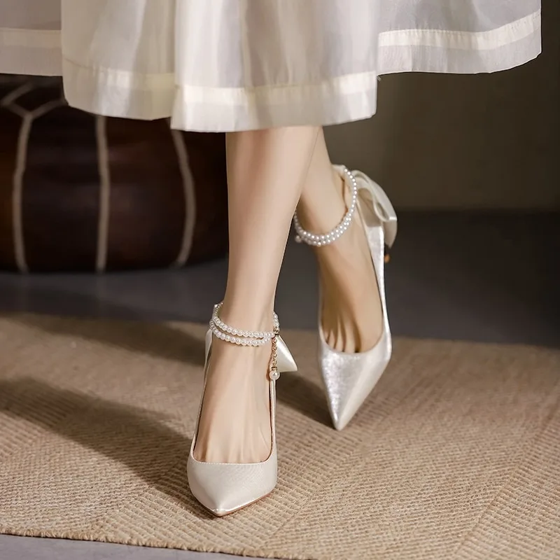 Elegant Ladies White Pearls Ankle Strap Pumps for Wedding Women Silk Back Bowtie High Stiletto Heeled Shoes Woman Spring 2023