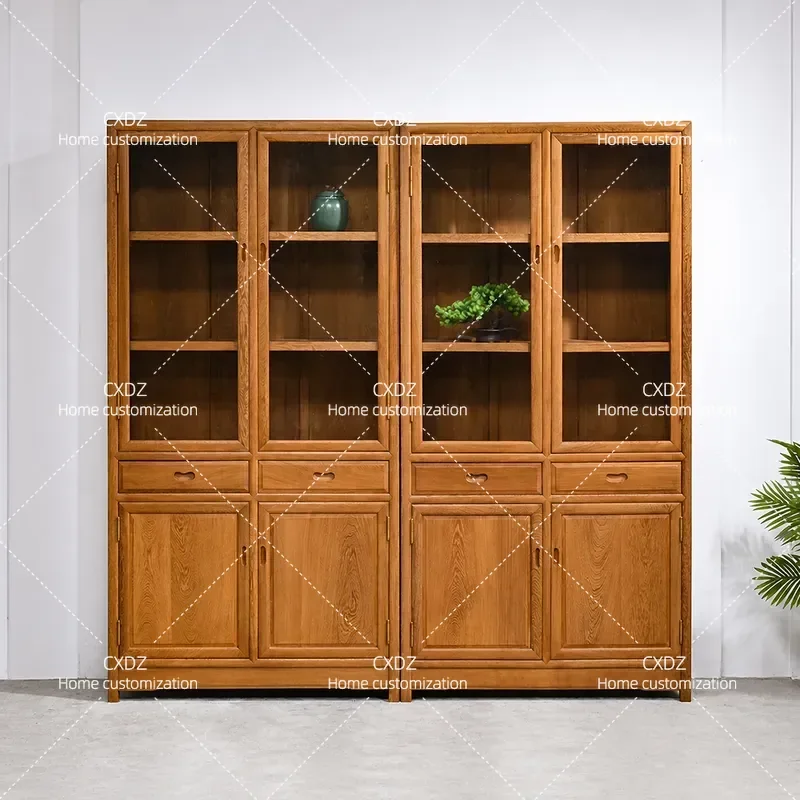 Chinese All Solid Wood Bookcase Ming Qing Style Antique Glass Display Cabinet Household Storage Shelf Furniture