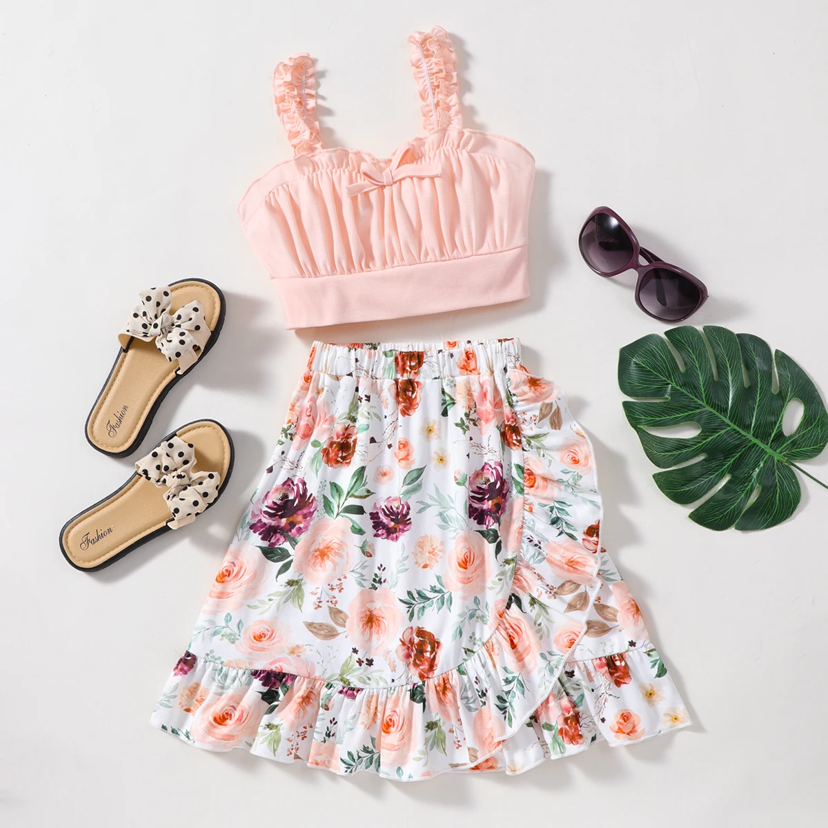 Girl's 2 Piece Outfits Cute Bow Frill Trim Cami Crop Top & Floral Graphic Skirt Set For Beach Holiday Summer Party Kids Clothes